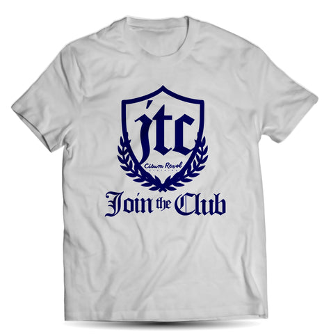 “JTC Tee” (Join The Club) White T-shirt with Royal Blue Print