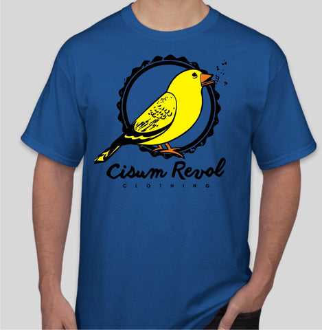 “Canary Collection” Royal Blue Tee with Orange, Yellow & Black Print