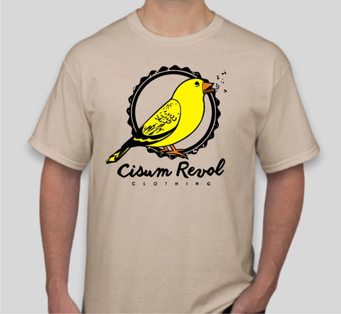 “Canary Collection” Natural Tee with Orange, Yellow & Black Print