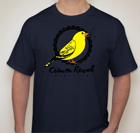 “Canary Collection” Navy Blue Tee with Orange, Yellow & Black Print