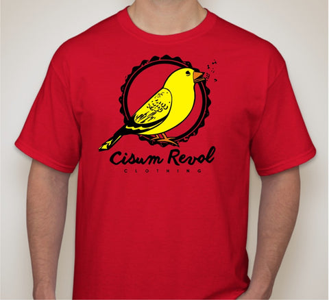 “Canary Collection” Red Tee with Orange, Yellow & Black Print