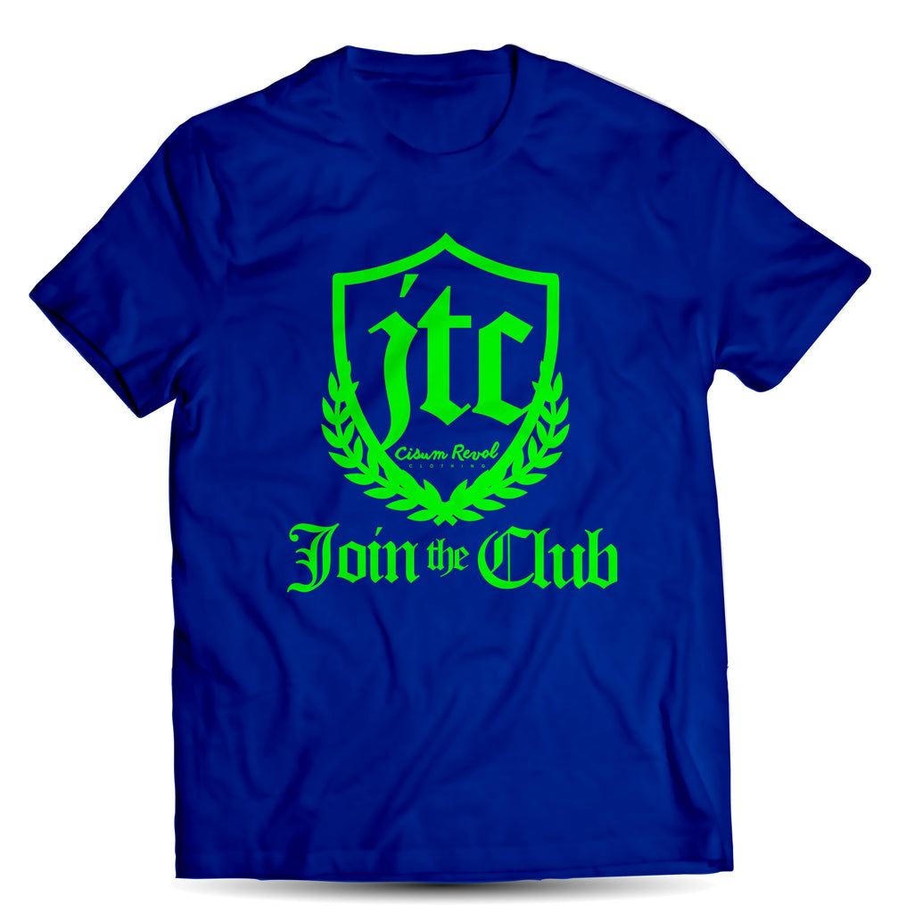 “JTC Tee” (Join The Club) Royal Blue T-shirt with Lime Green Print