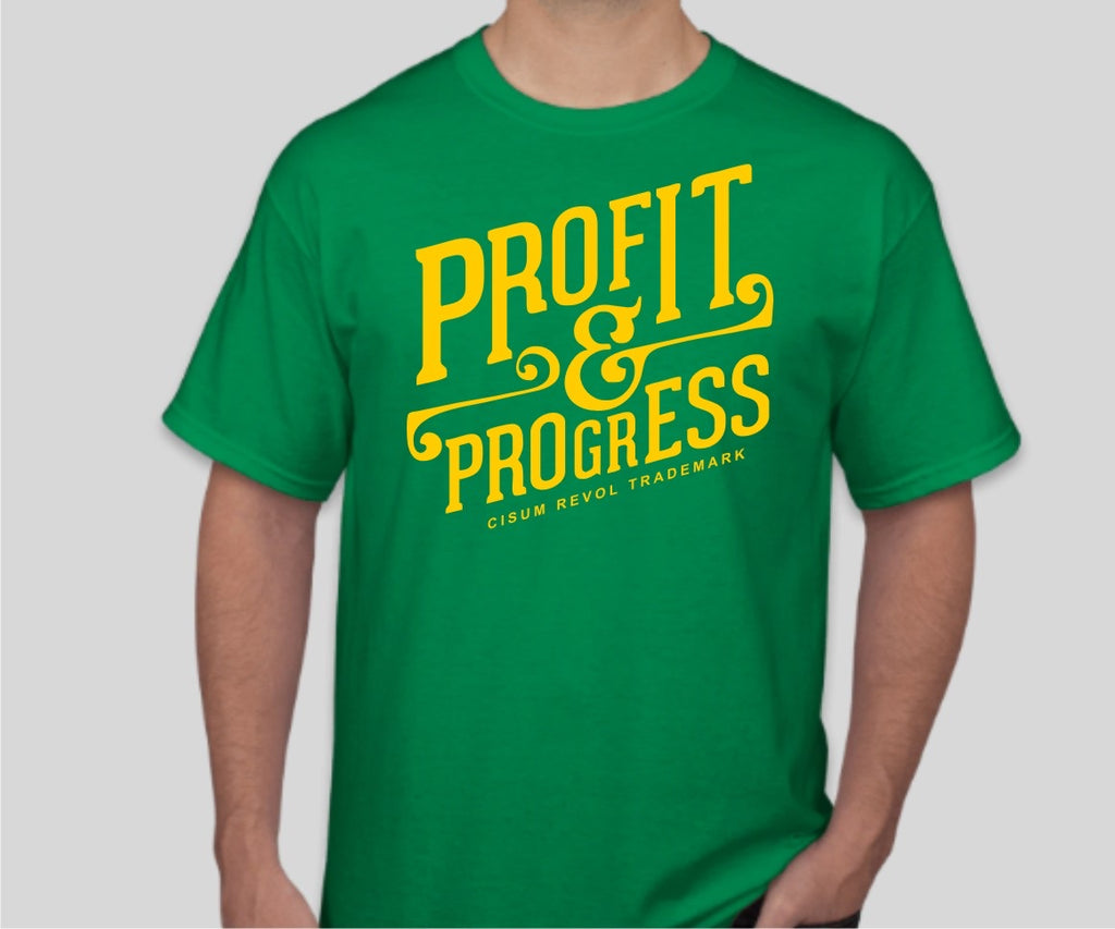 Profit & Progress Tee” Irish Cisum Gold Print Light Revol Green – with Tshirt