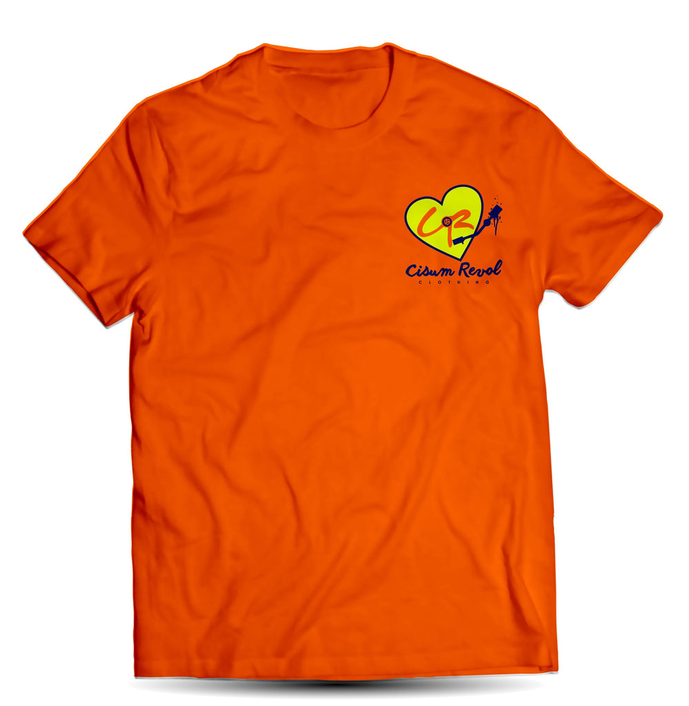“Phonographic Tee” (Small Logo) Orange Tee with Neon Yellow & Navy Blue Print