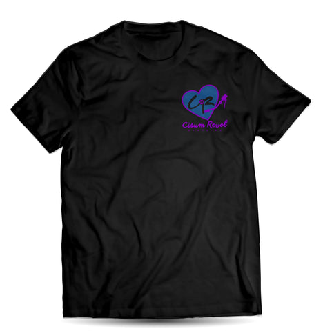 “Phonographic Tee” (Small Logo) Black Tee with Turquoise & Purple Print
