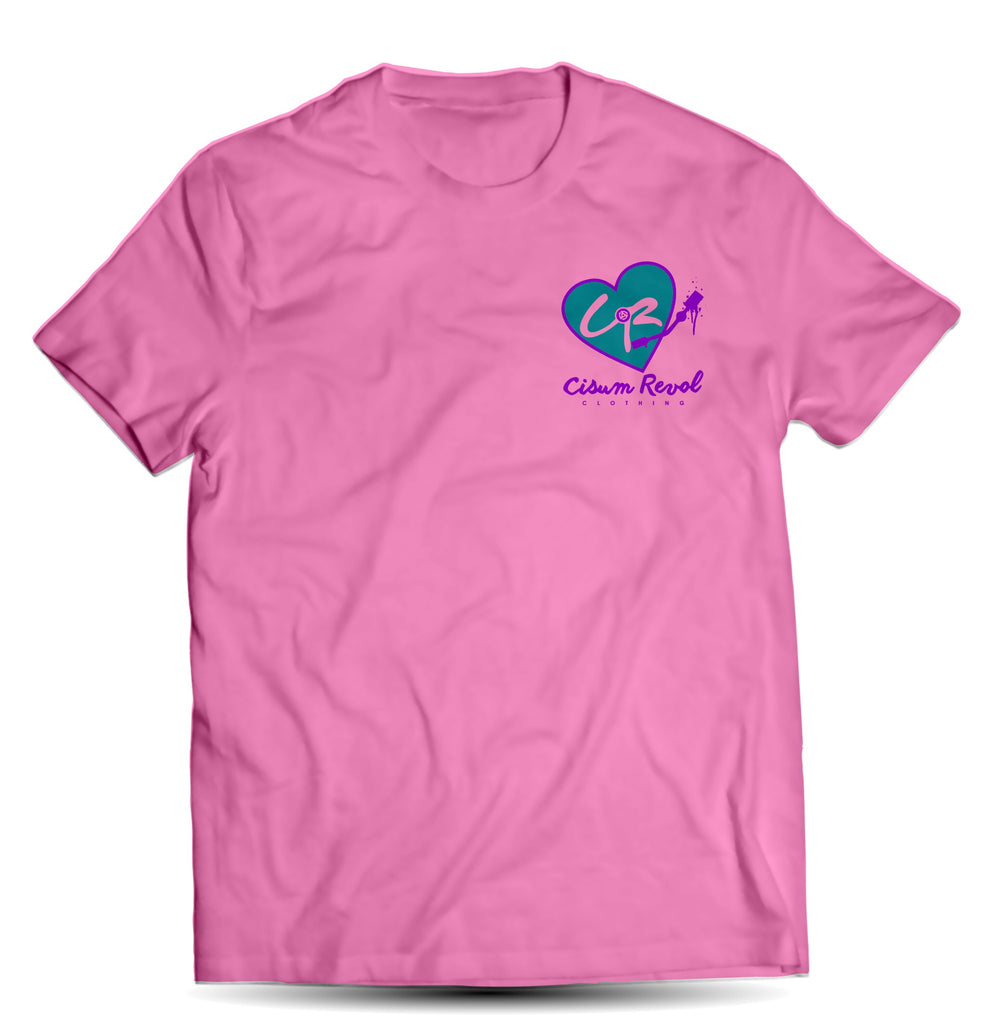 “Phonographic Tee” (Small Logo) Pink Tee with Turquoise & Purple Print