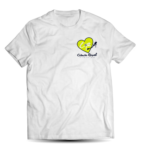 “Phonographic Tee” (Small Logo) White Tee with Neon Yellow & Navy Blue Print
